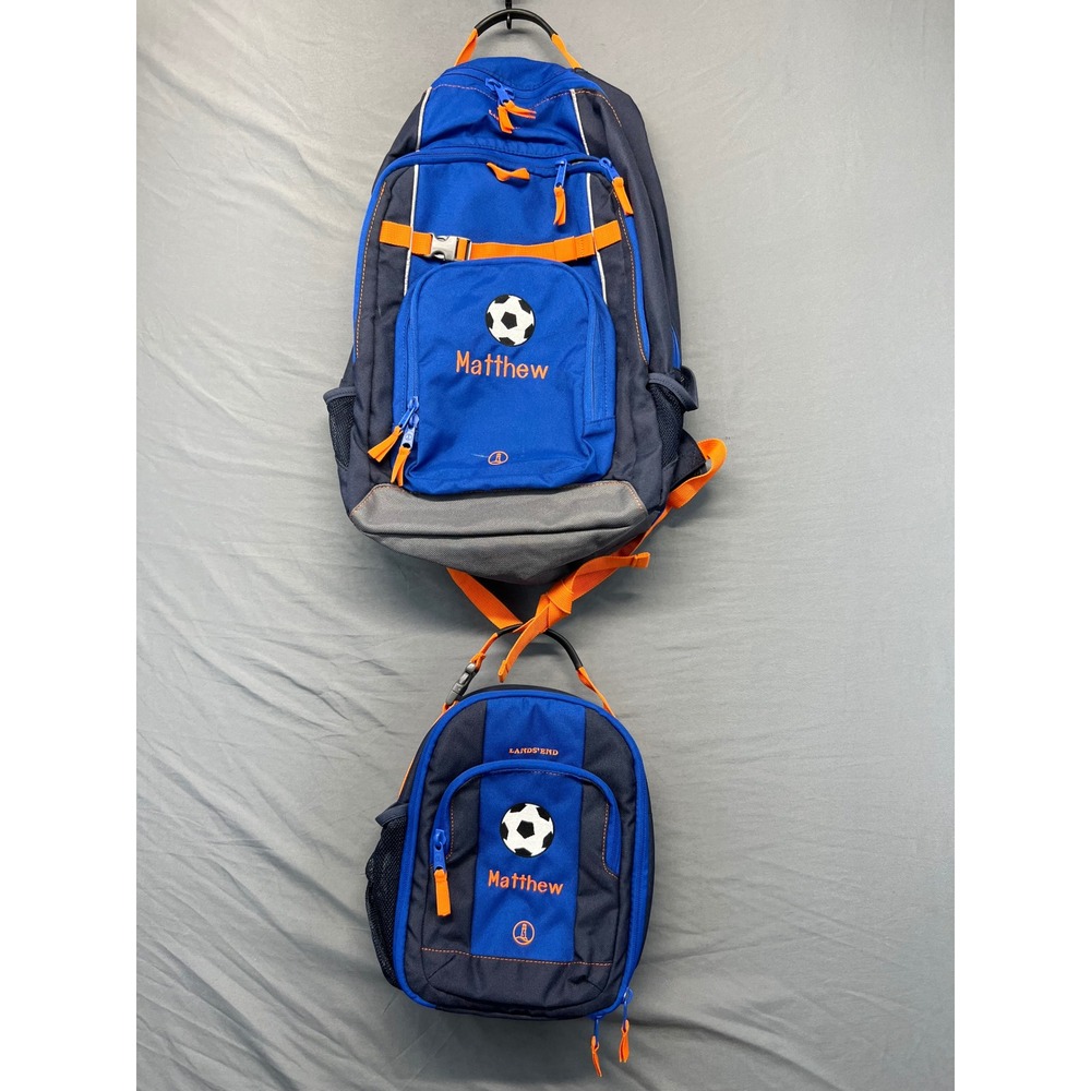 Lands End Kids Backpack Lunch Box Set Boys Blue Orange Soccer Matthew Good